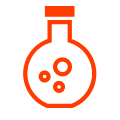 Red icon of a beaker with droplets on a white background