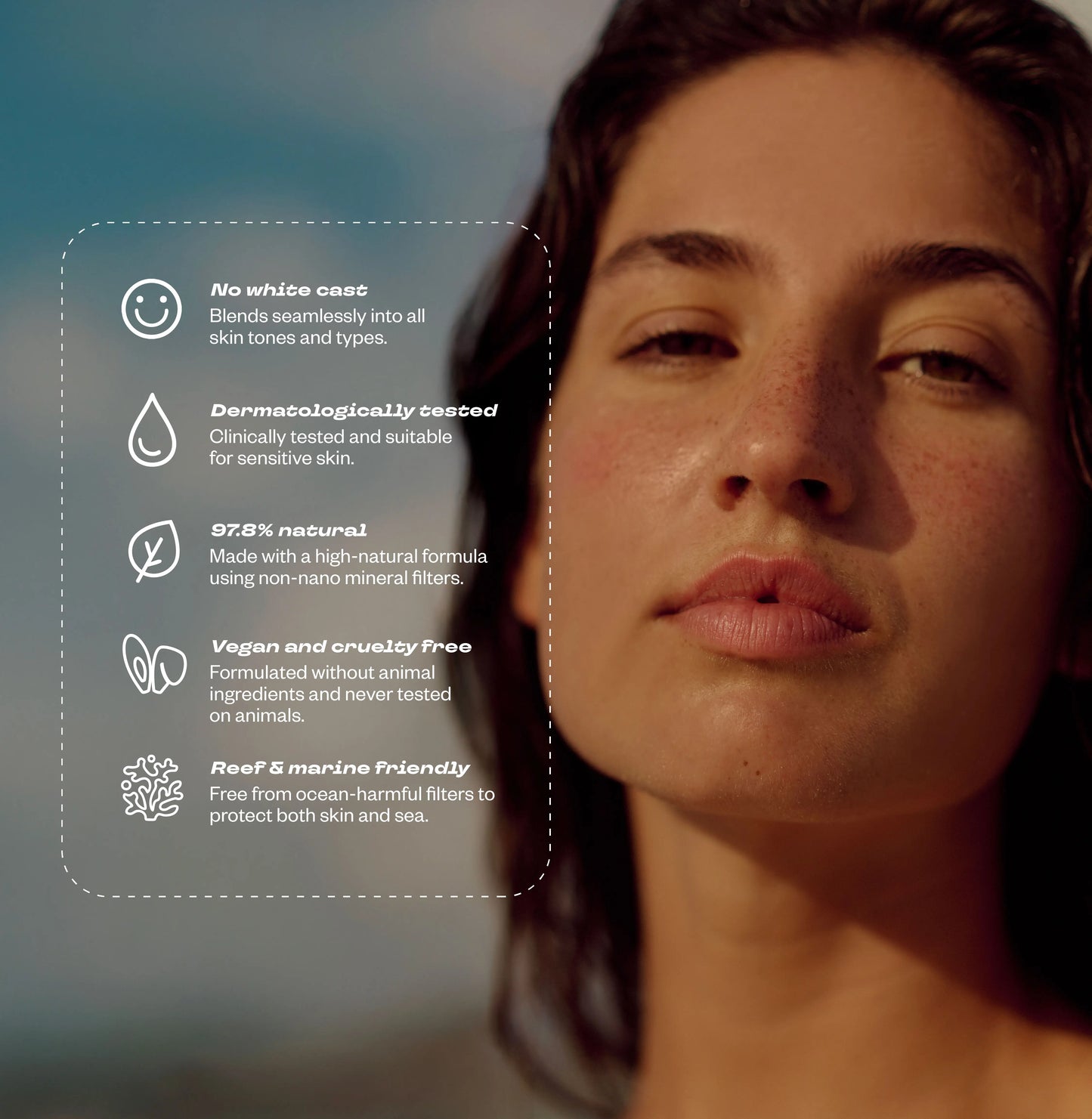 Woman's face with skincare product features listed on the left